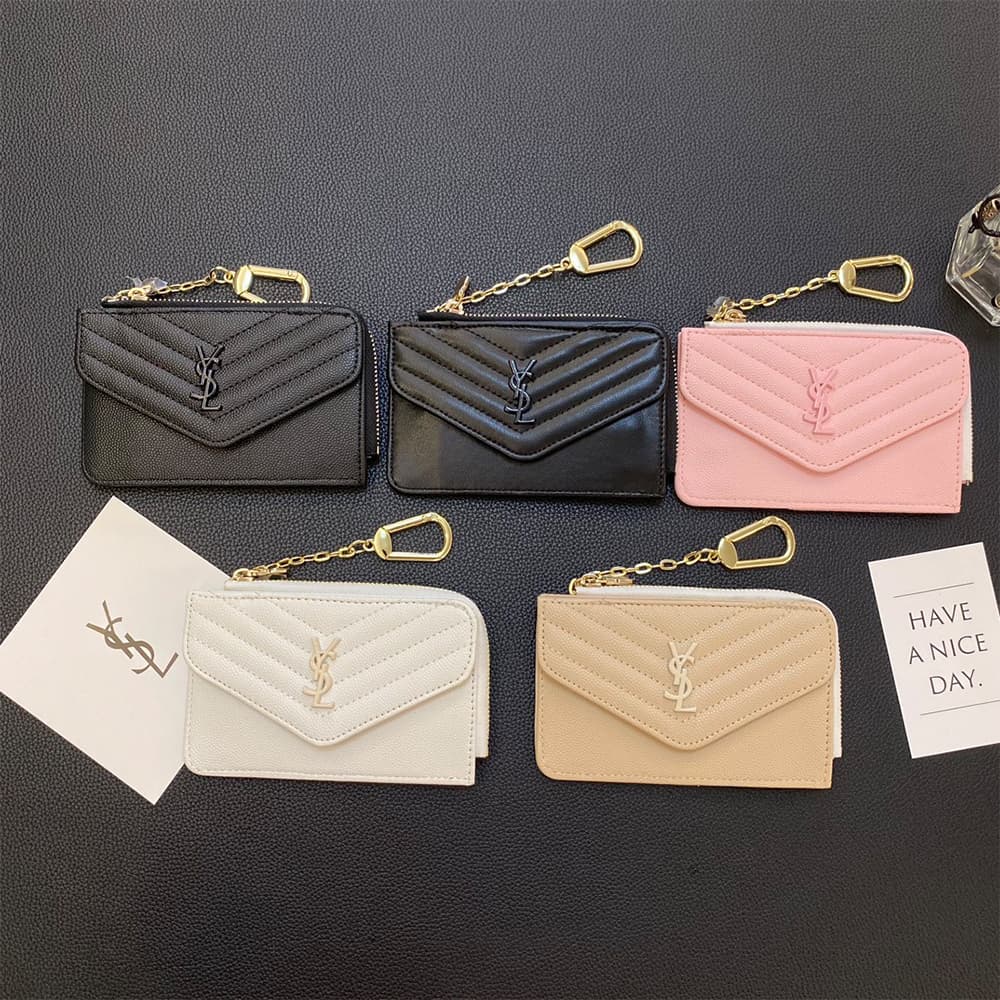 YSL Luxury Designer Card Holder with Quilted Texture & Chain Strap