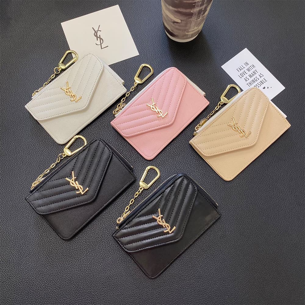 YSL Quilted Leather Card Holder with Gold-Tone Logo & Chain Strap