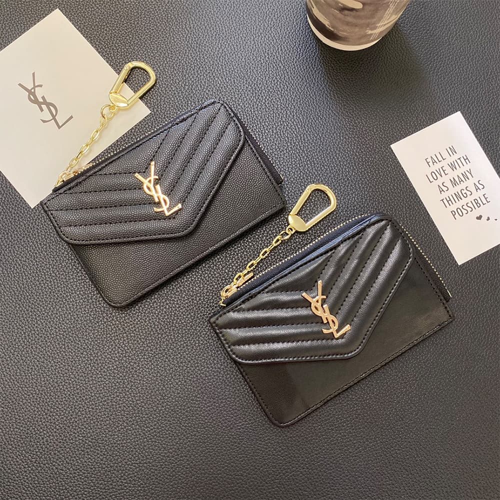 YSL Quilted Leather Card Holder with Gold-Tone Logo & Chain Strap YSL Quilted Leather Card Holder with Gold-Tone Logo & Chain Strap
