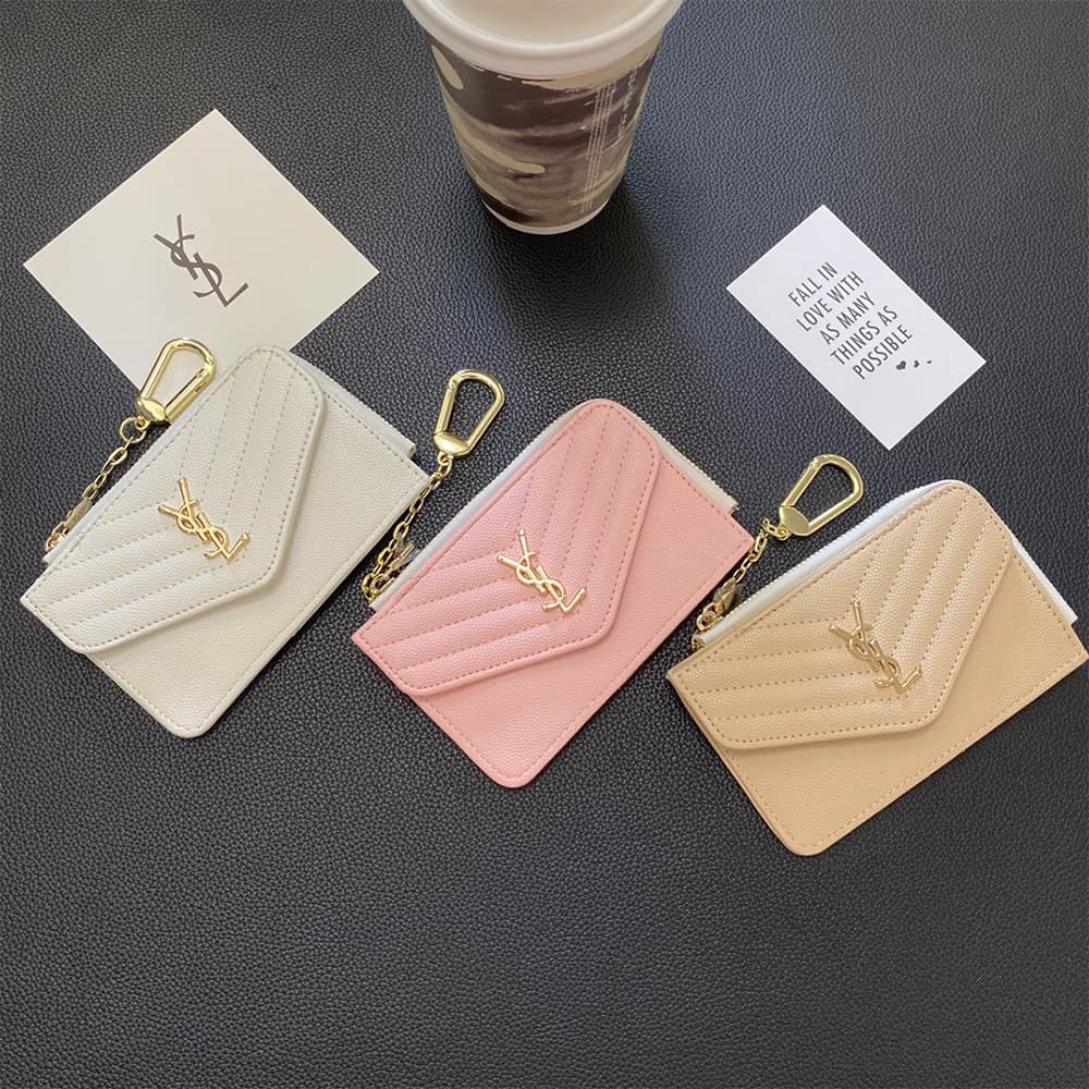 YSL Quilted Leather Card Holder with Gold-Tone Logo & Chain Strap YSL Quilted Leather Card Holder with Gold-Tone Logo & Chain Strap
