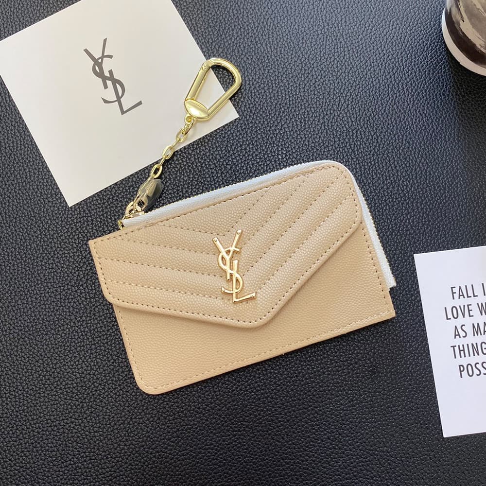 YSL Quilted Leather Card Holder with Gold-Tone Logo & Chain Strap YSL Quilted Leather Card Holder with Gold-Tone Logo & Chain Strap