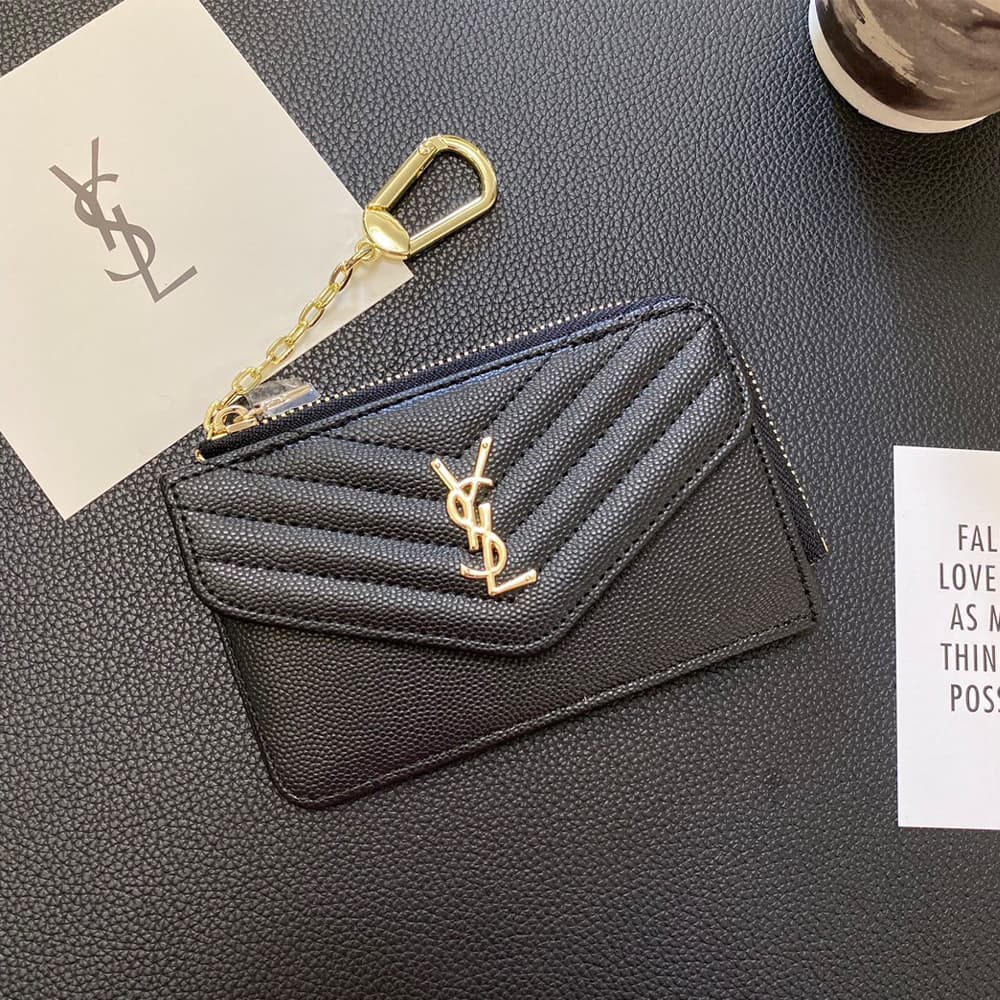 YSL Quilted Leather Card Holder with Gold-Tone Logo & Chain Strap YSL Quilted Leather Card Holder with Gold-Tone Logo & Chain Strap