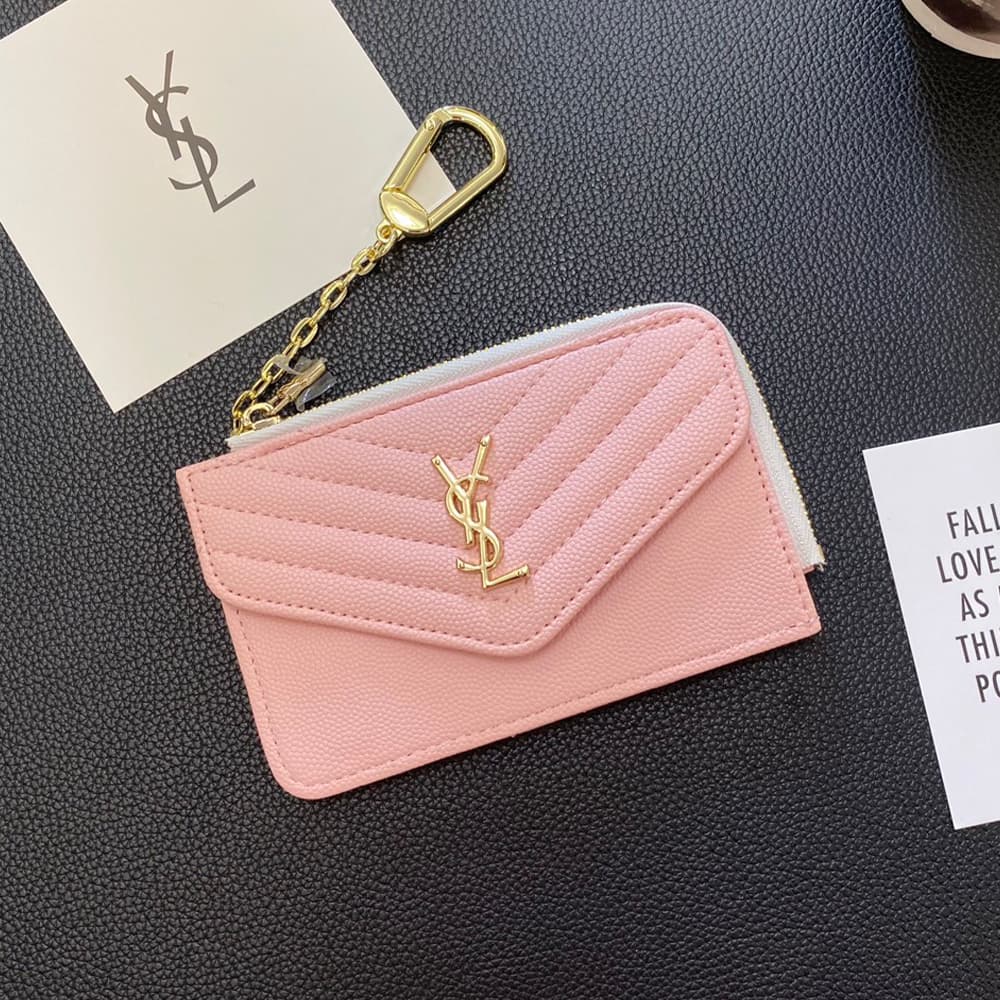 YSL Quilted Leather Card Holder with Gold-Tone Logo & Chain Strap YSL Quilted Leather Card Holder with Gold-Tone Logo & Chain Strap