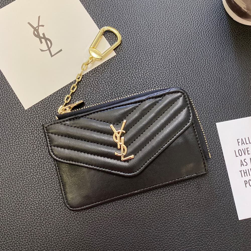 YSL Quilted Leather Card Holder with Gold-Tone Logo & Chain Strap YSL Quilted Leather Card Holder with Gold-Tone Logo & Chain Strap