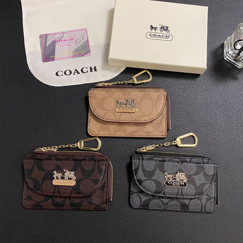 COACH Signature Card Holder with CC Monogram & Horse Carriage Charm