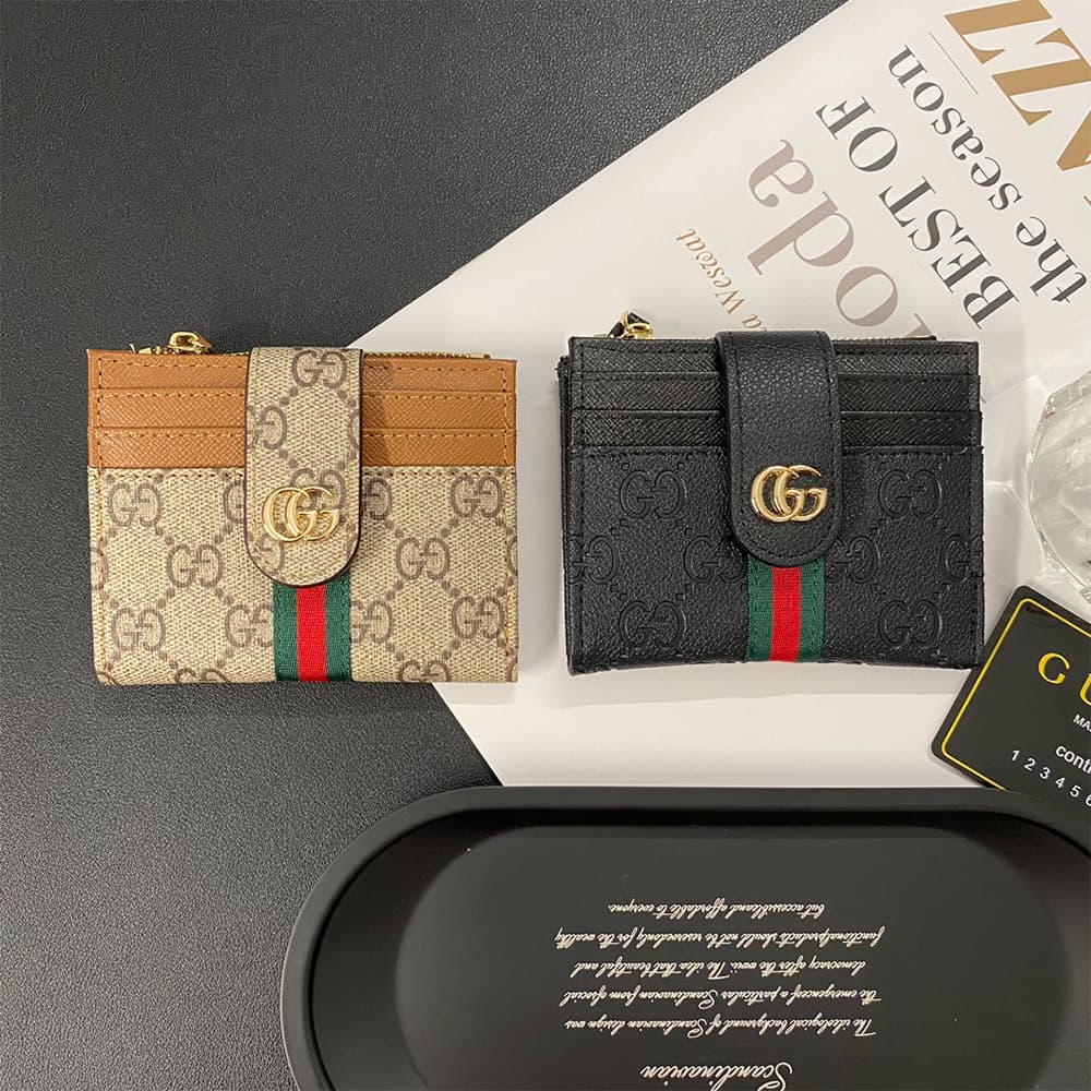 GUCCI GG Monogram Card Holder with Web Stripe & Golden-toned GG Clasp