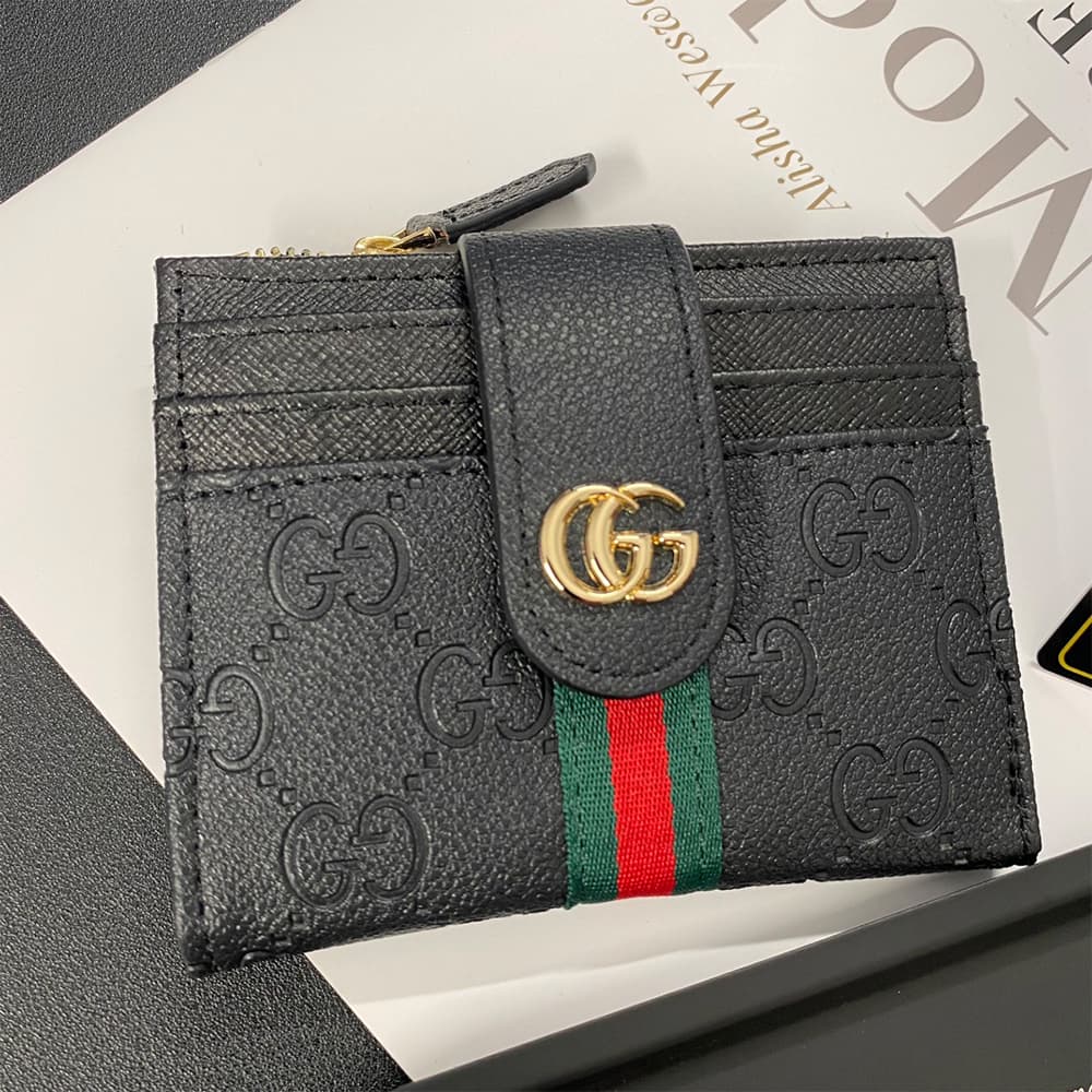 GUCCI GG Monogram Card Holder with Web Stripe & Golden-toned GG Clasp GUCCI GG Monogram Card Holder with Web Stripe & Golden-toned GG Clasp