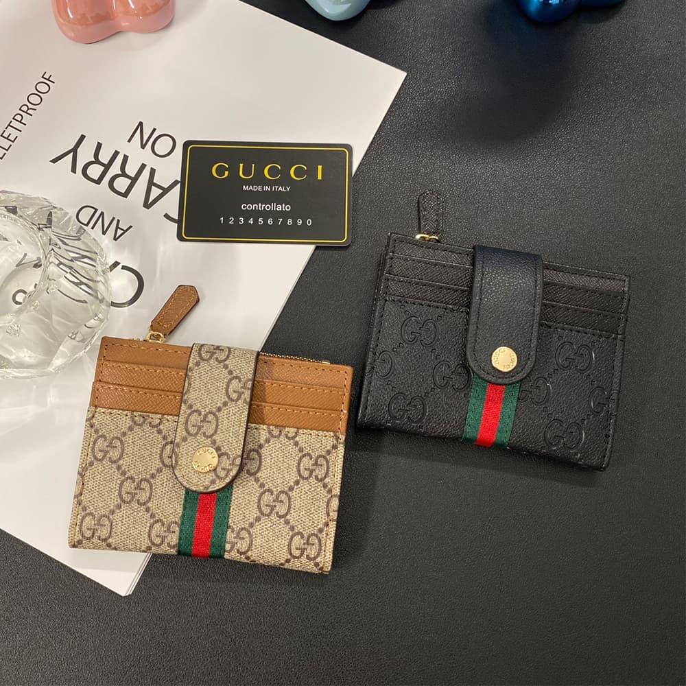 GUCCI GG Monogram Card Holder with Web Stripe & Golden-toned Studs
