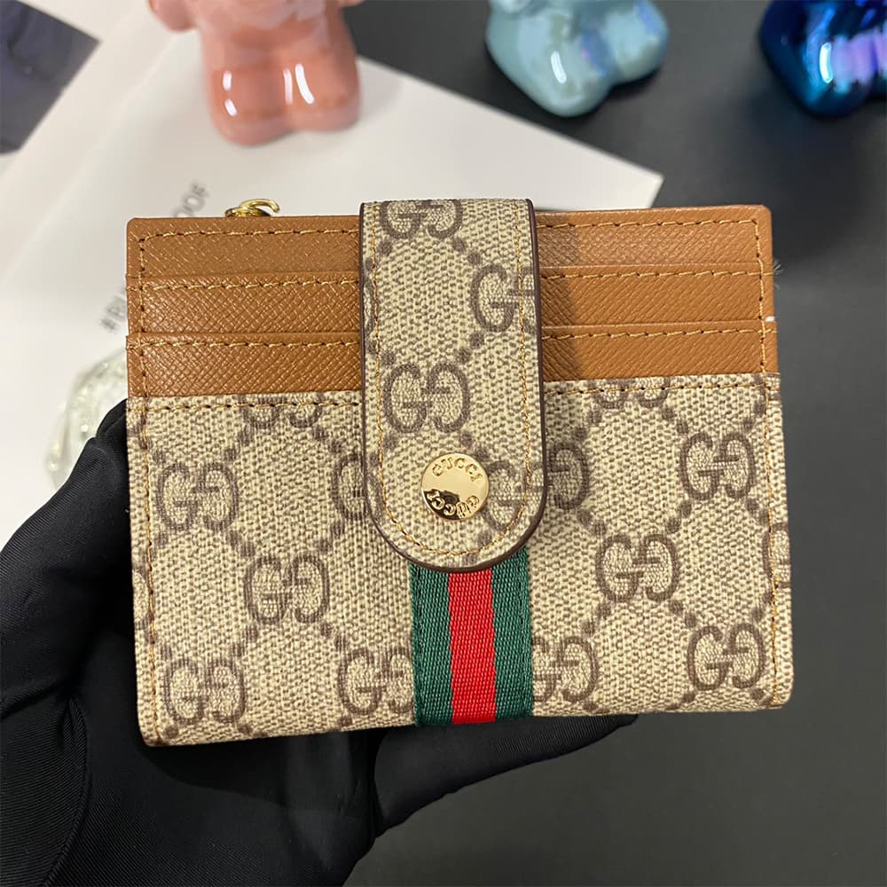 GUCCI GG Monogram Card Holder with Web Stripe & Golden-toned Studs