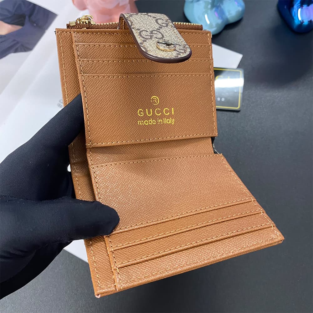 GUCCI GG Monogram Card Holder with Web Stripe & Golden-toned Studs