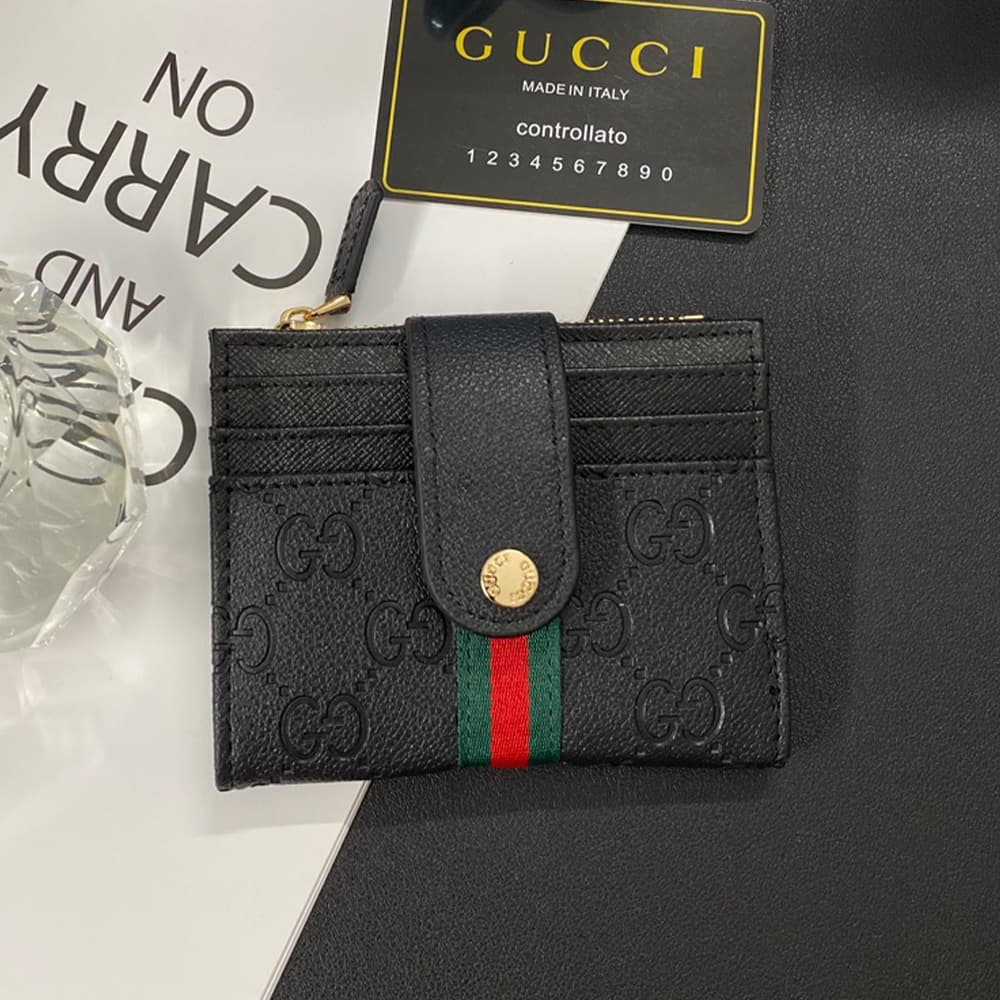 GUCCI GG Monogram Card Holder with Web Stripe & Golden-toned Studs