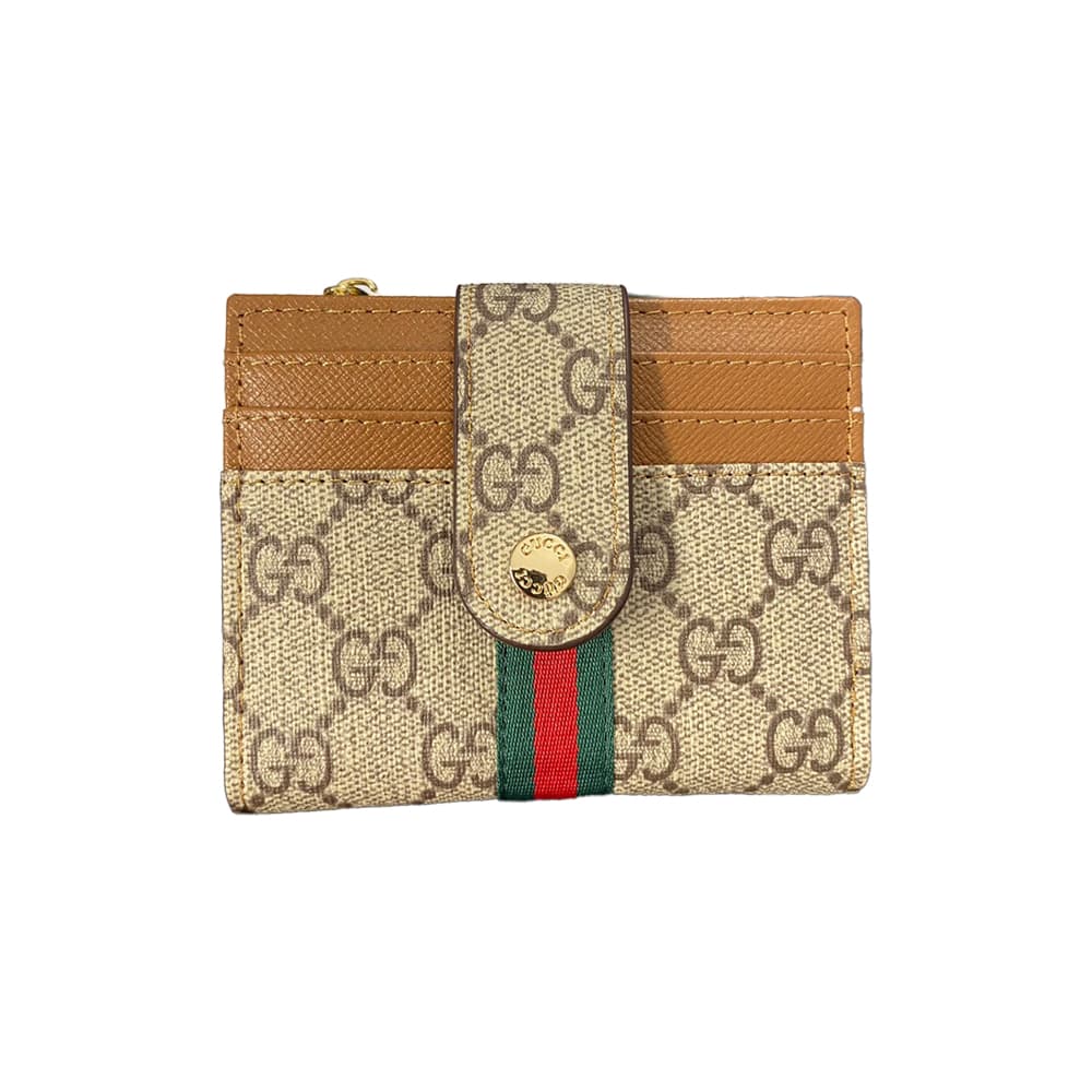 GUCCI GG Monogram Card Holder with Web Stripe & Golden-toned Studs