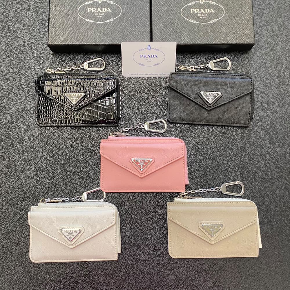 Prada Luxury Card Holder with Metal Triangle Logo & Chain