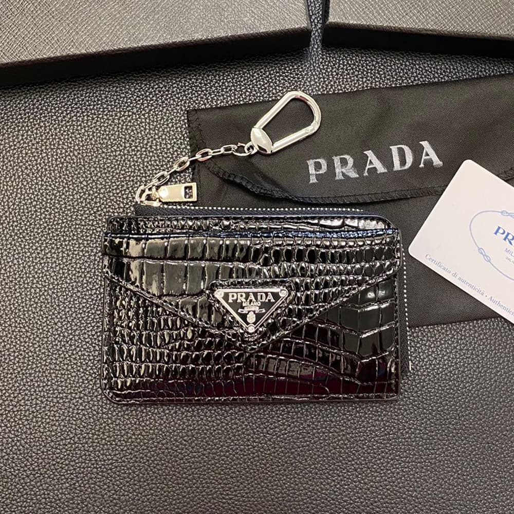 Prada Luxury Card Holder with Metal Triangle Logo & Chain