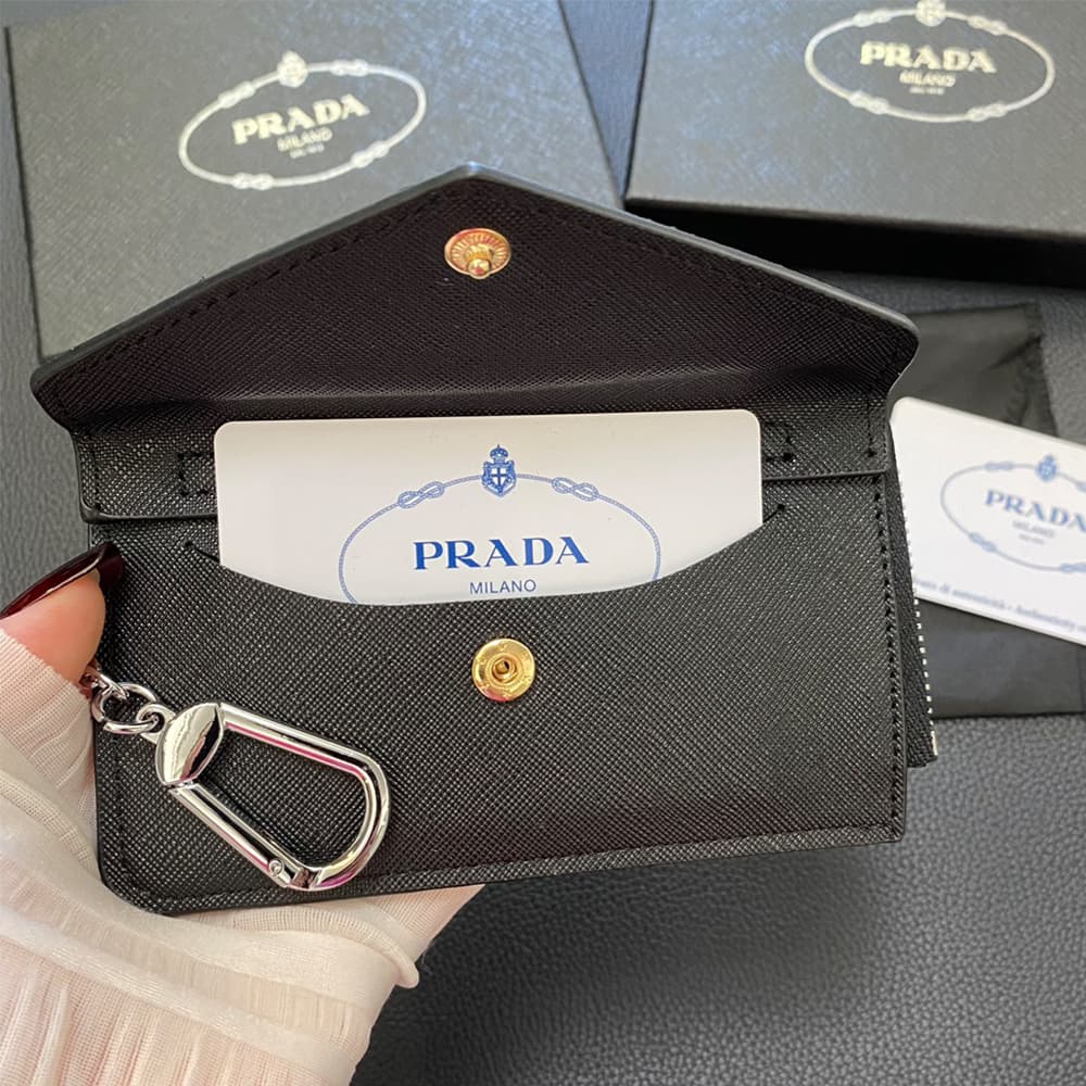 Prada Luxury Card Holder with Metal Triangle Logo & Chain