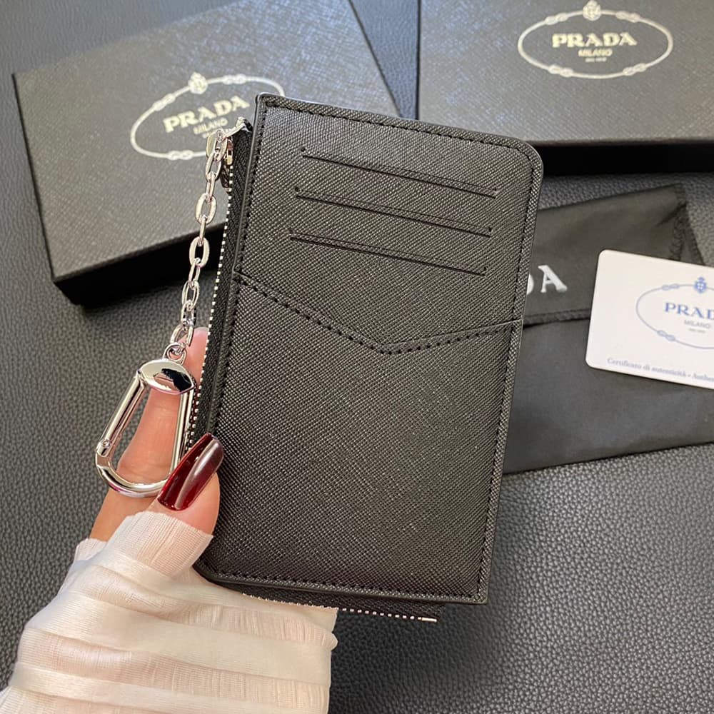 Prada Luxury Card Holder with Metal Triangle Logo & Chain