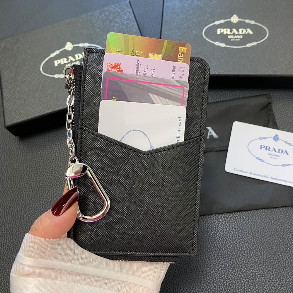 Prada Luxury Card Holder with Metal Triangle Logo & Chain