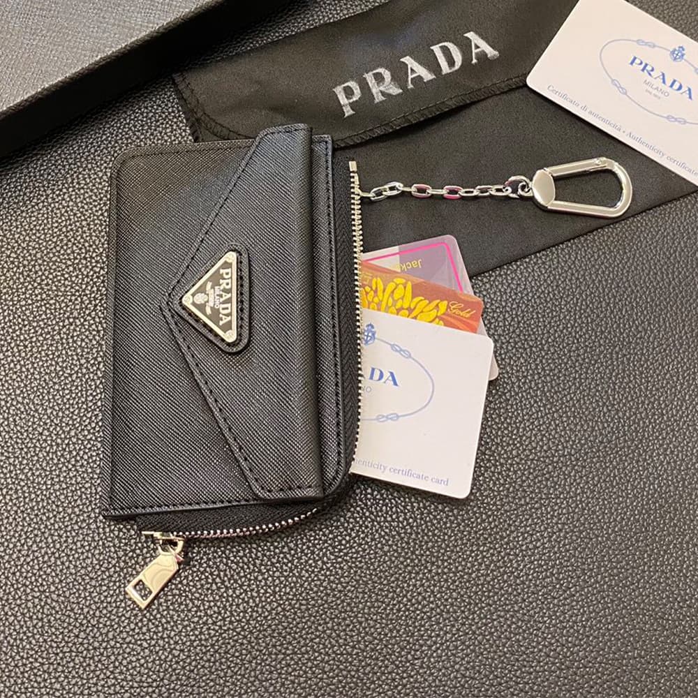 Prada Luxury Card Holder with Metal Triangle Logo & Chain
