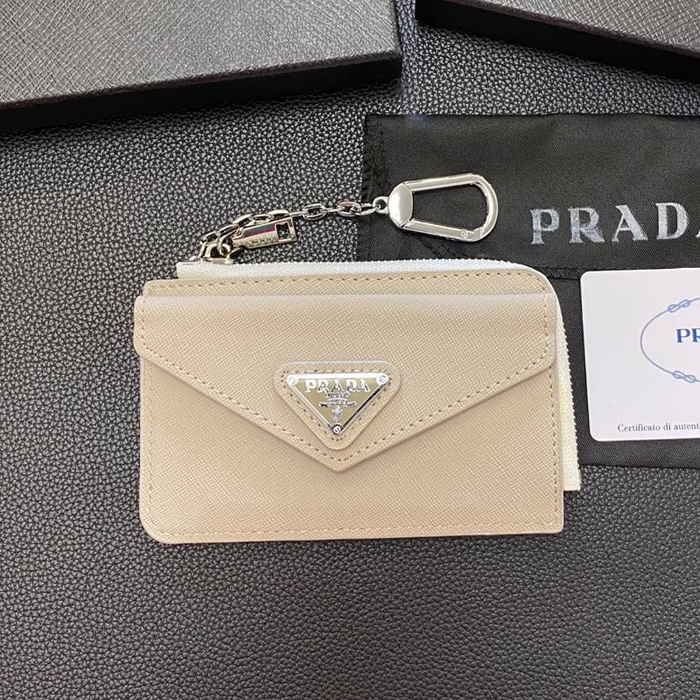 Prada Luxury Card Holder with Metal Triangle Logo & Chain