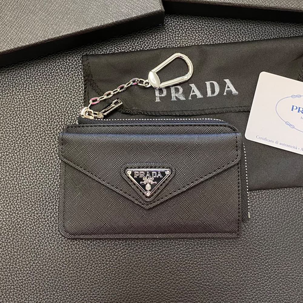 Prada Luxury Card Holder with Metal Triangle Logo & Chain
