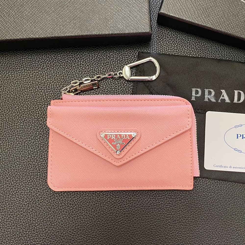 Prada Luxury Card Holder with Metal Triangle Logo & Chain