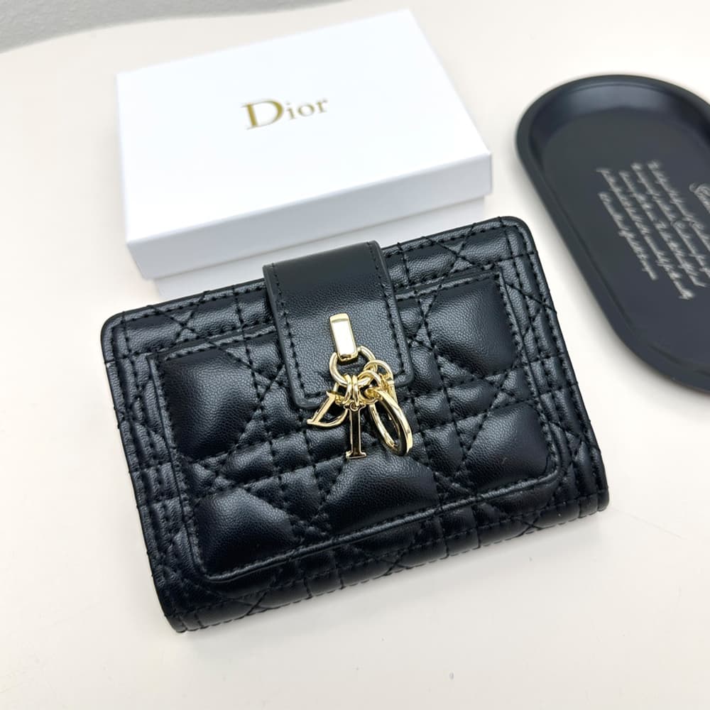 Dior Cannage Quilted Leather Luxury Card Holder with Gold-toned D.I.O.R. Charm (Black)