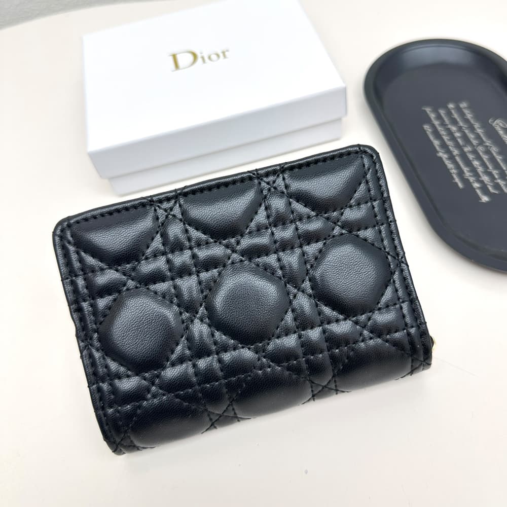 Dior Cannage Quilted Leather Luxury Card Holder with Gold-toned D.I.O.R. Charm (Black)
