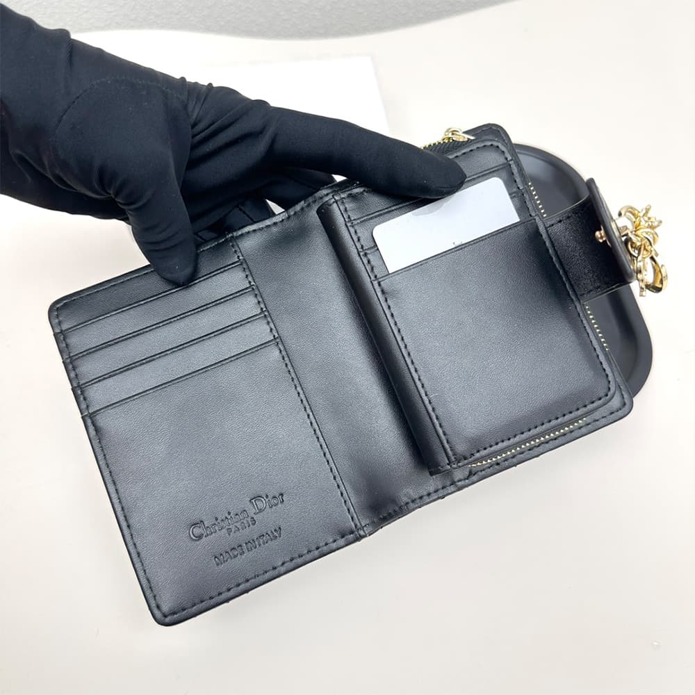 Dior Cannage Quilted Leather Luxury Card Holder with Gold-toned D.I.O.R. Charm (Black)