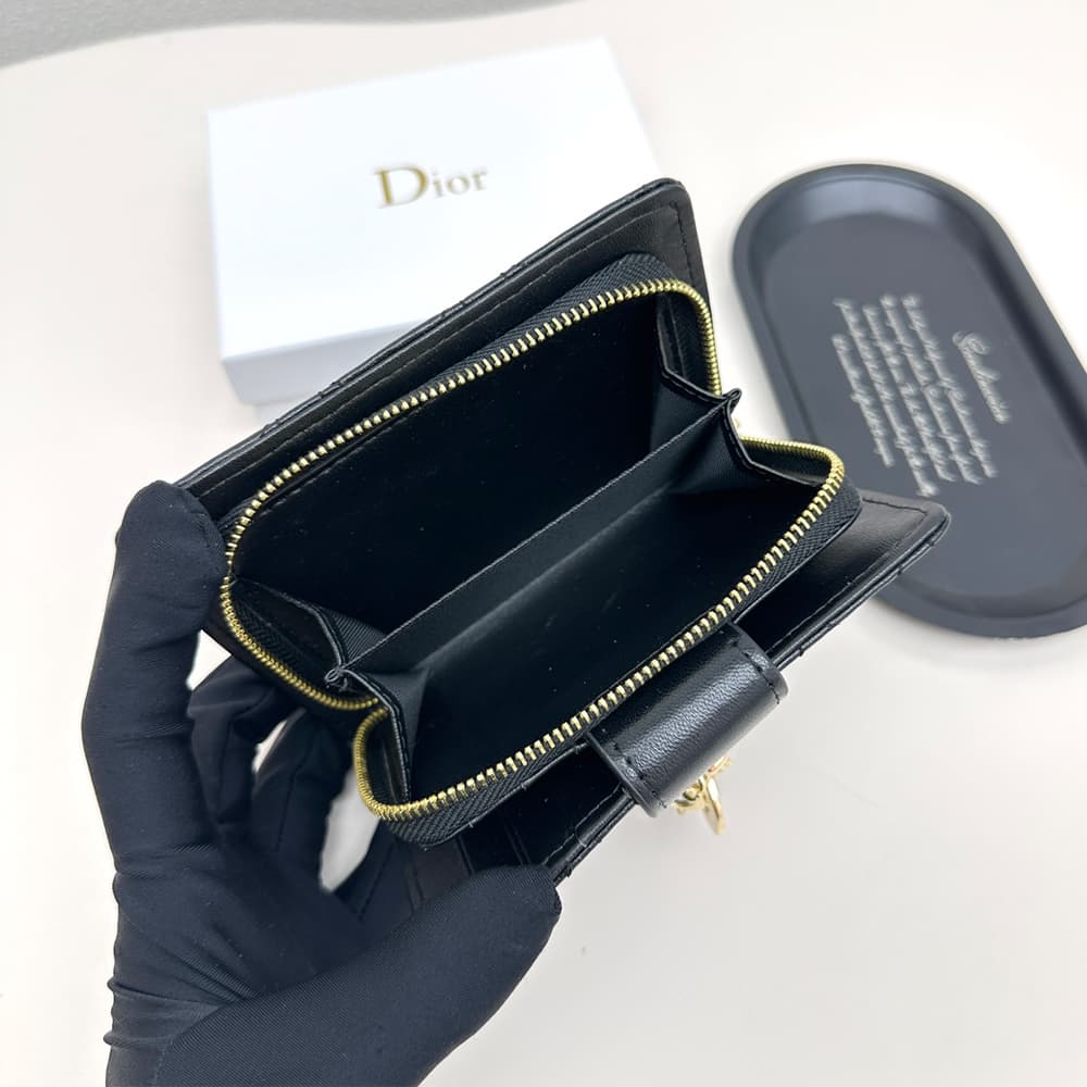 Dior Cannage Quilted Leather Luxury Card Holder with Gold-toned D.I.O.R. Charm (Black)