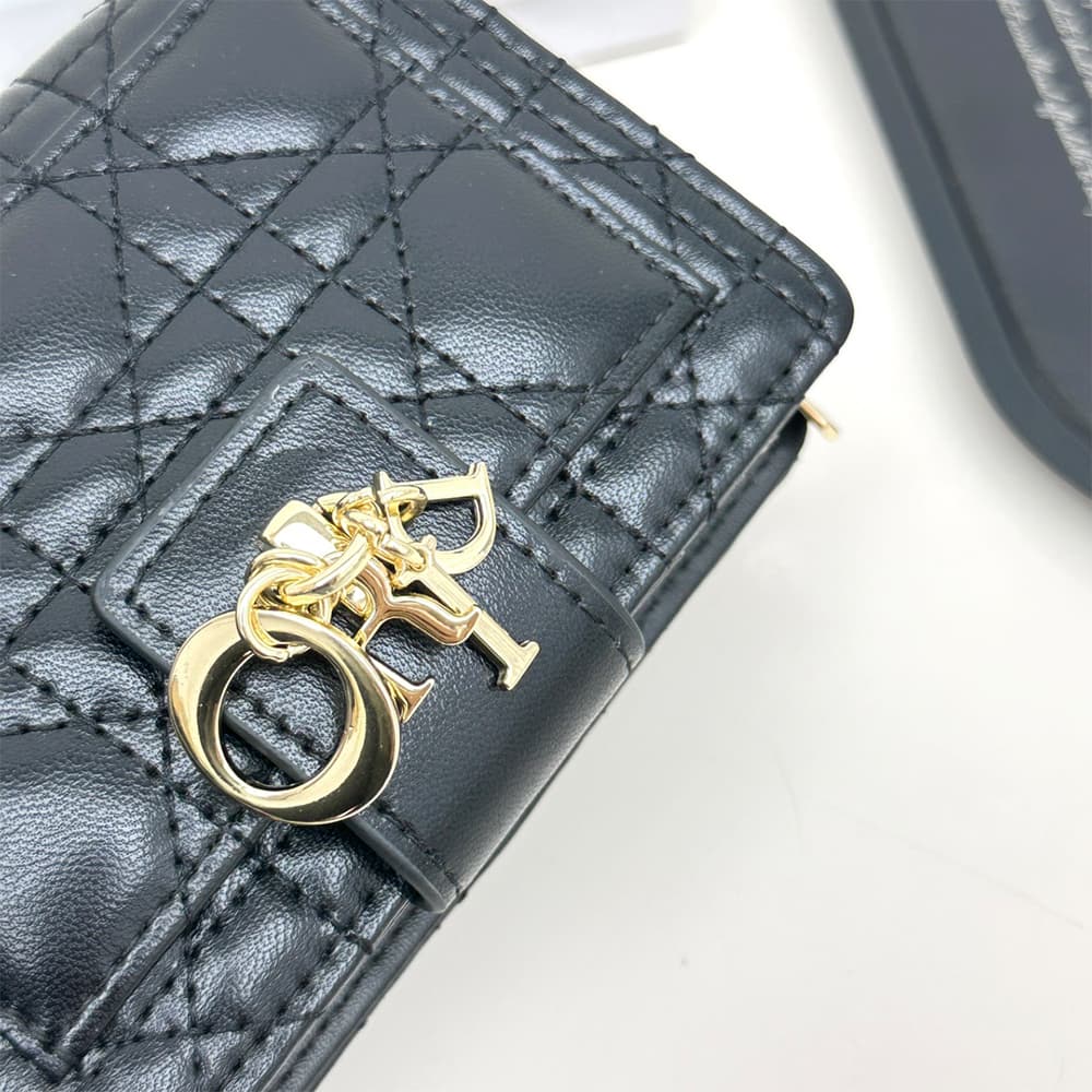 Dior Cannage Quilted Leather Luxury Card Holder with Gold-toned D.I.O.R. Charm (Black)