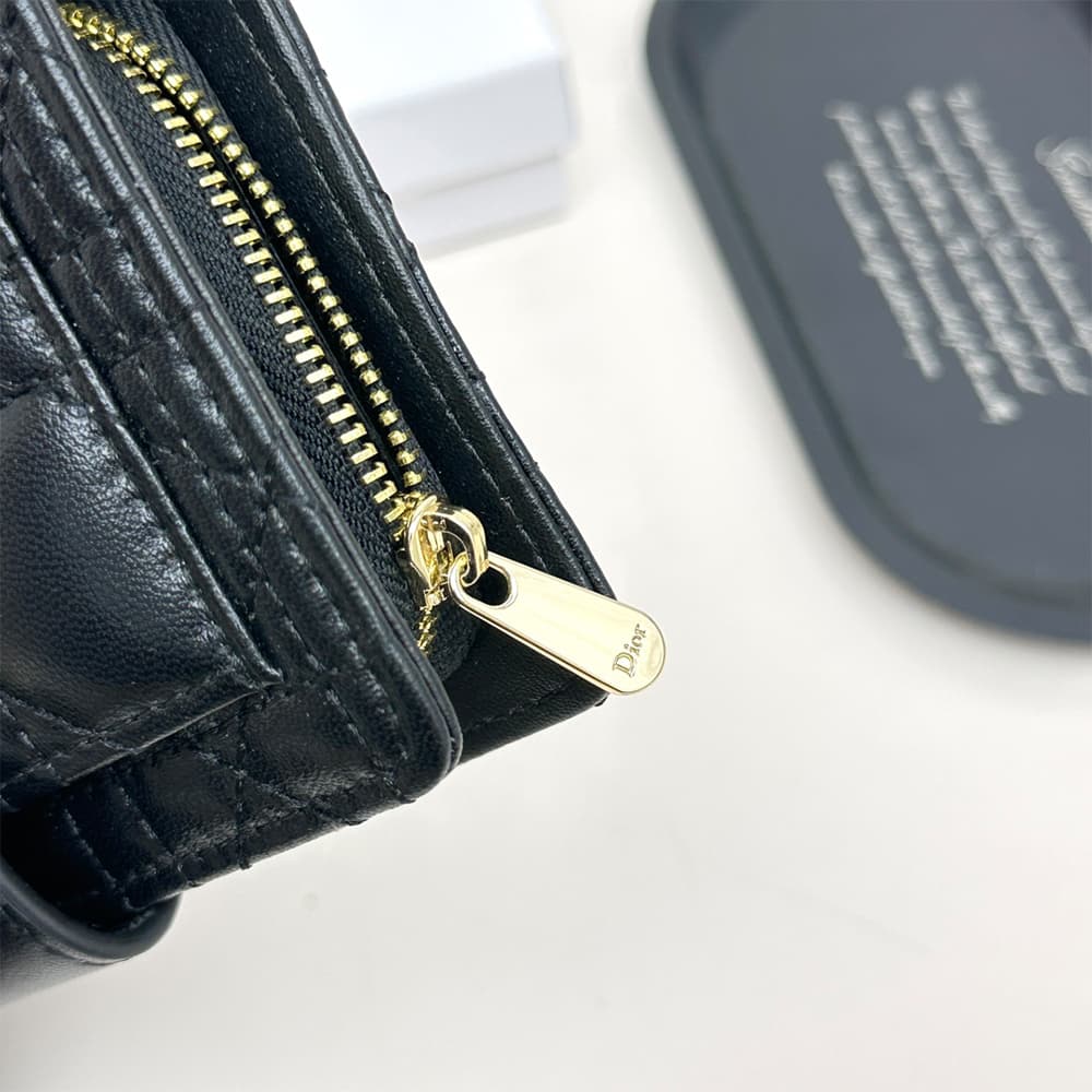 Dior Cannage Quilted Leather Luxury Card Holder with Gold-toned D.I.O.R. Charm (Black)