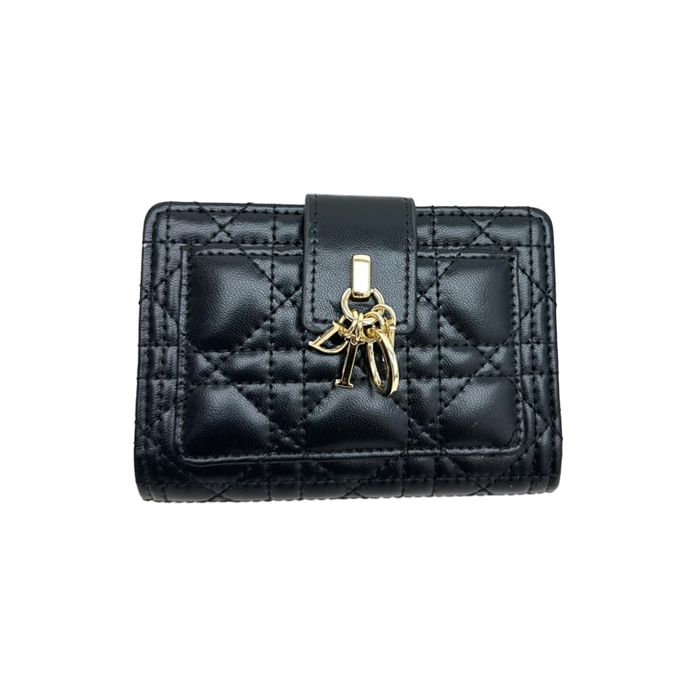 Dior Cannage Quilted Leather Luxury Card Holder with Gold-toned D.I.O.R. Charm (Black)