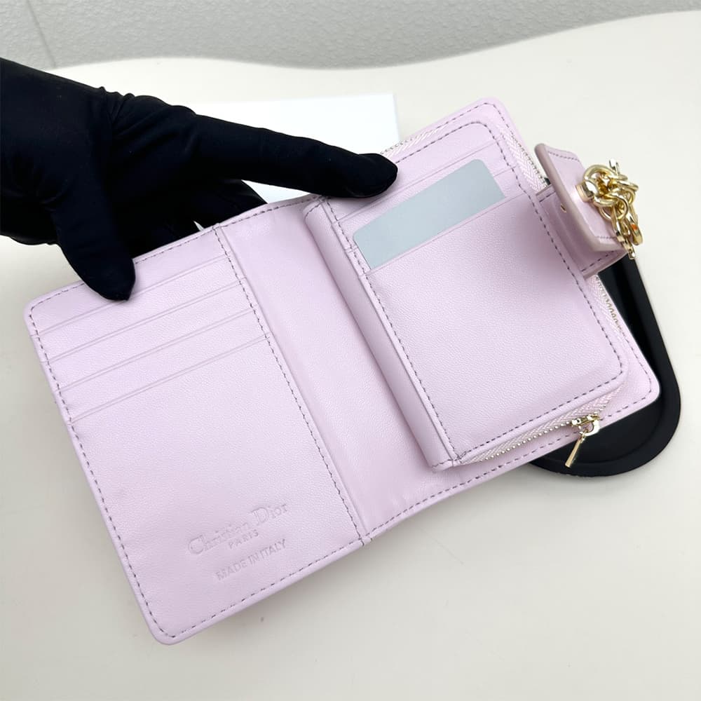 Dior Cannage Quilted Leather Luxury Card Holder with Gold-toned D.I.O.R. Charm (Pink)