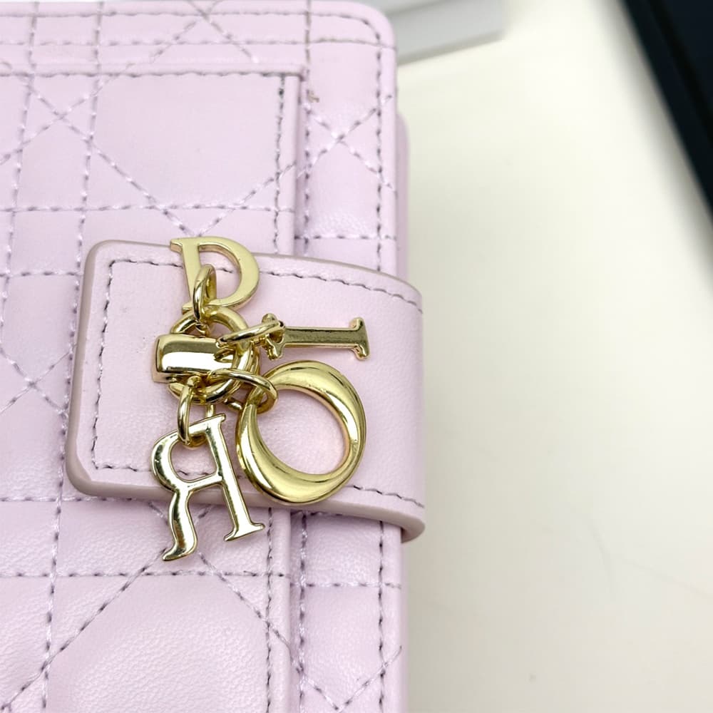 Dior Cannage Quilted Leather Luxury Card Holder with Gold-toned D.I.O.R. Charm (Pink)