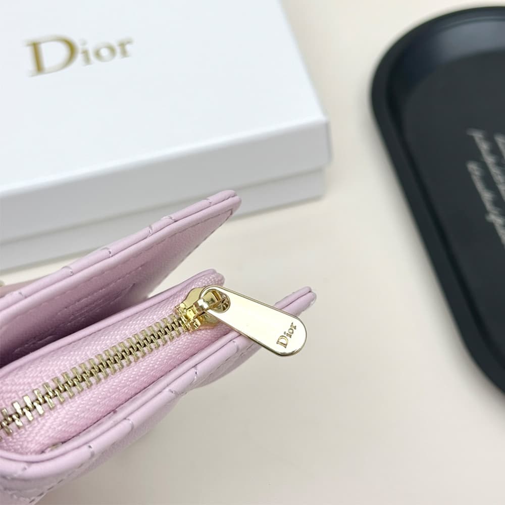 Dior Cannage Quilted Leather Luxury Card Holder with Gold-toned D.I.O.R. Charm (Pink)