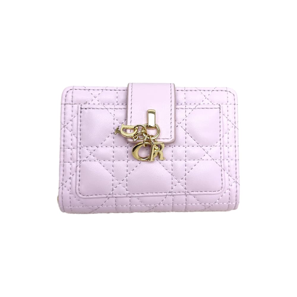 Dior Cannage Quilted Leather Luxury Card Holder with Gold-toned D.I.O.R. Charm (Pink)