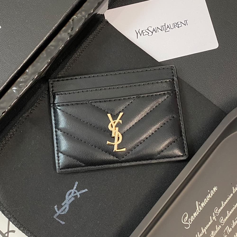 YSL Gold-toned Logo Luxury Card Holder – V-Stitch Leather (5 Card Slots)