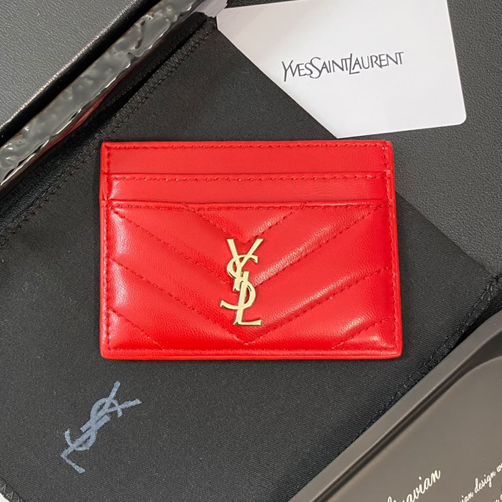 YSL Gold-toned Logo Luxury Card Holder – V-Stitch Leather (5 Card Slots)