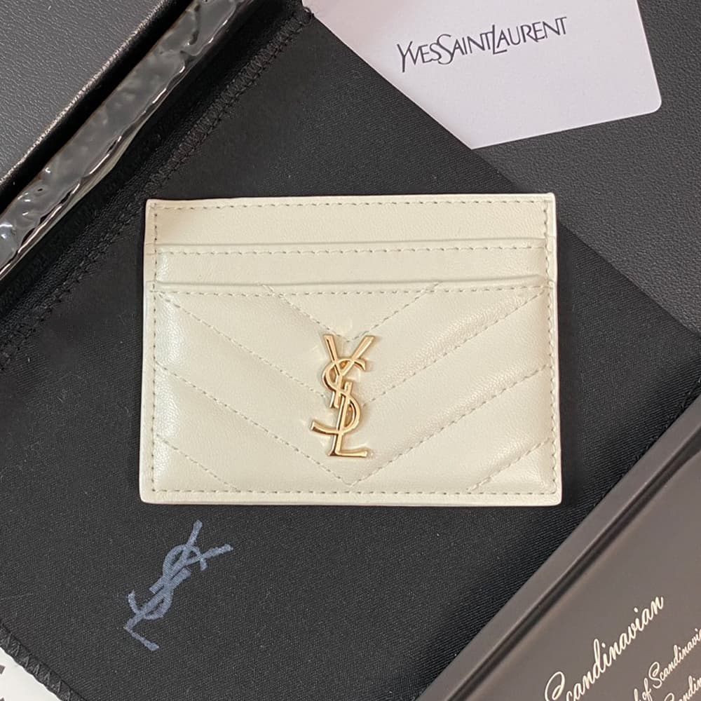 YSL Gold-toned Logo Luxury Card Holder – V-Stitch Leather (5 Card Slots)