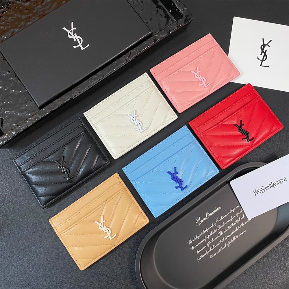 YSL Solid Color Logo Luxury Card Holder – V-Stitch Leather (5 Card Slots)