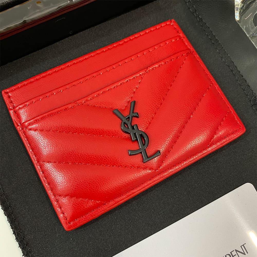 YSL Solid Color Logo Luxury Card Holder – V-Stitch Leather (5 Card Slots)