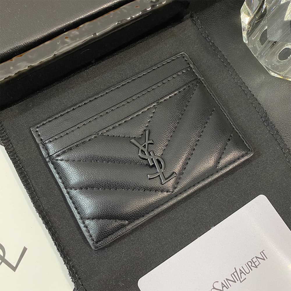 YSL Solid Color Logo Luxury Card Holder – V-Stitch Leather (5 Card Slots)