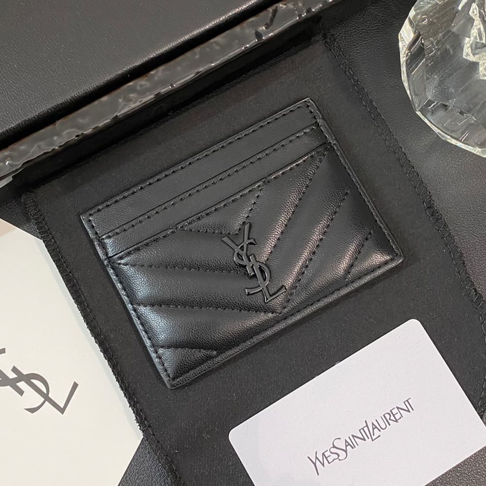 YSL Solid Color Logo Luxury Card Holder – V-Stitch Leather (5 Card Slots)