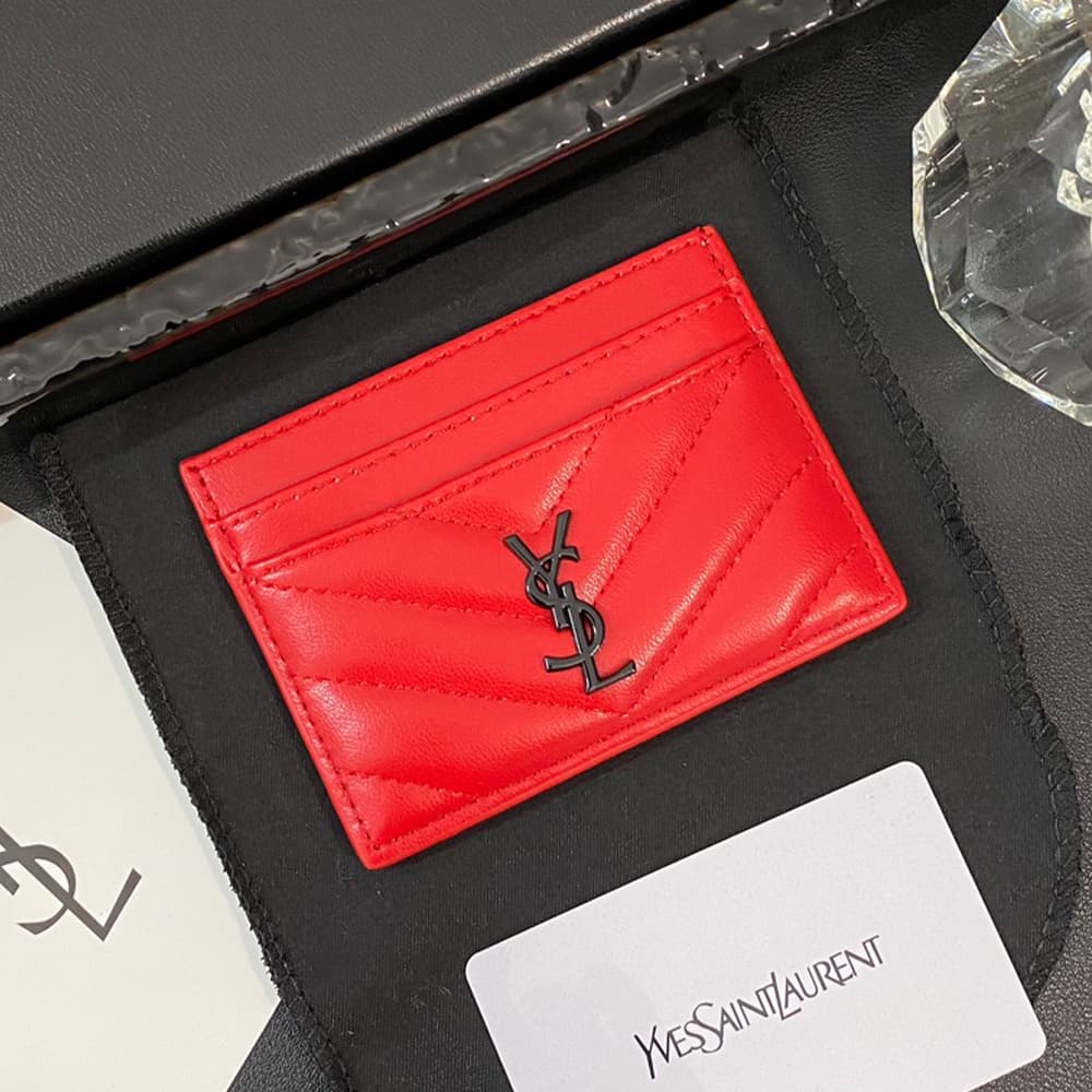 YSL Solid Color Logo Luxury Card Holder – V-Stitch Leather (5 Card Slots)
