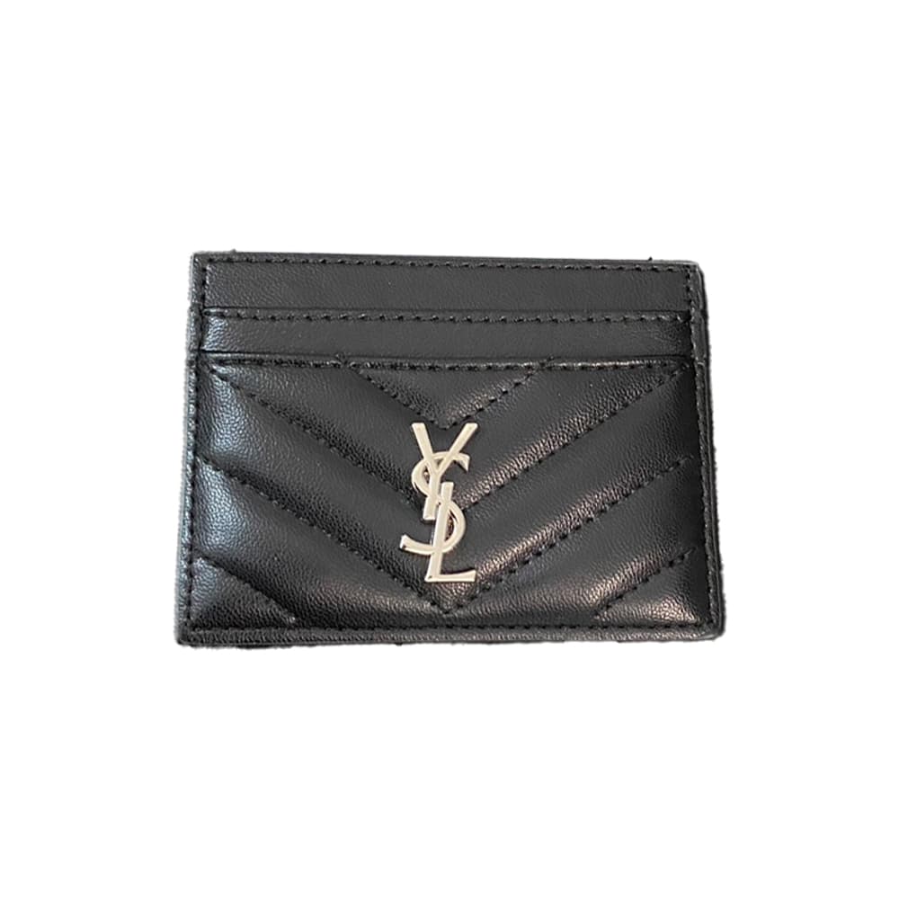 YSL Silver-toned Logo Luxury Card Holder – V-Stitch Leather (5 Card Slots)