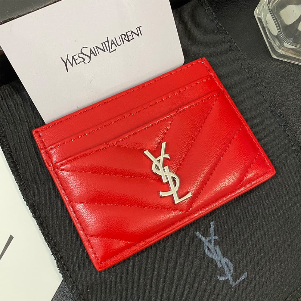 YSL Silver-toned Logo Luxury Card Holder – V-Stitch Leather (5 Card Slots)