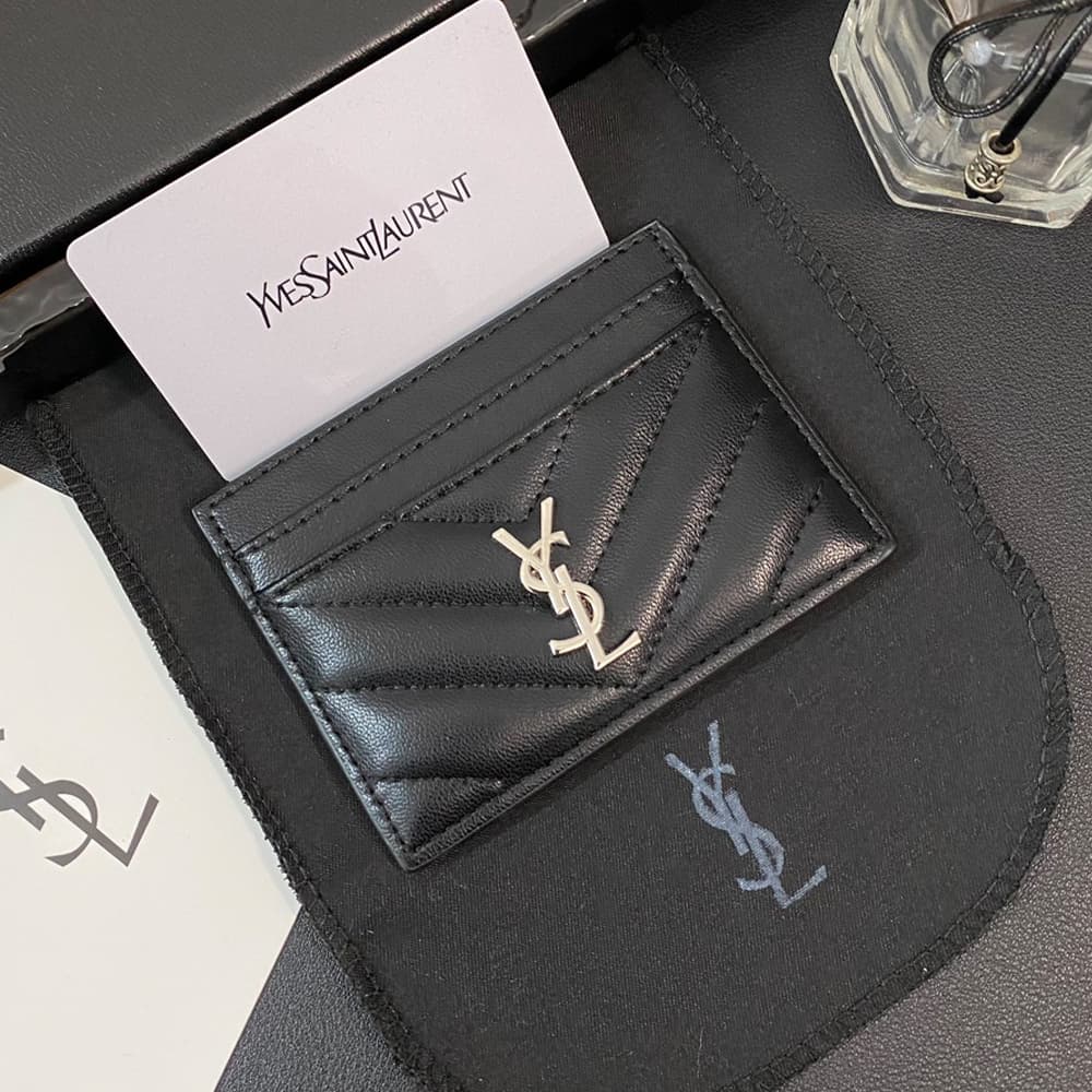 YSL Silver-toned Logo Luxury Card Holder – V-Stitch Leather (5 Card Slots)