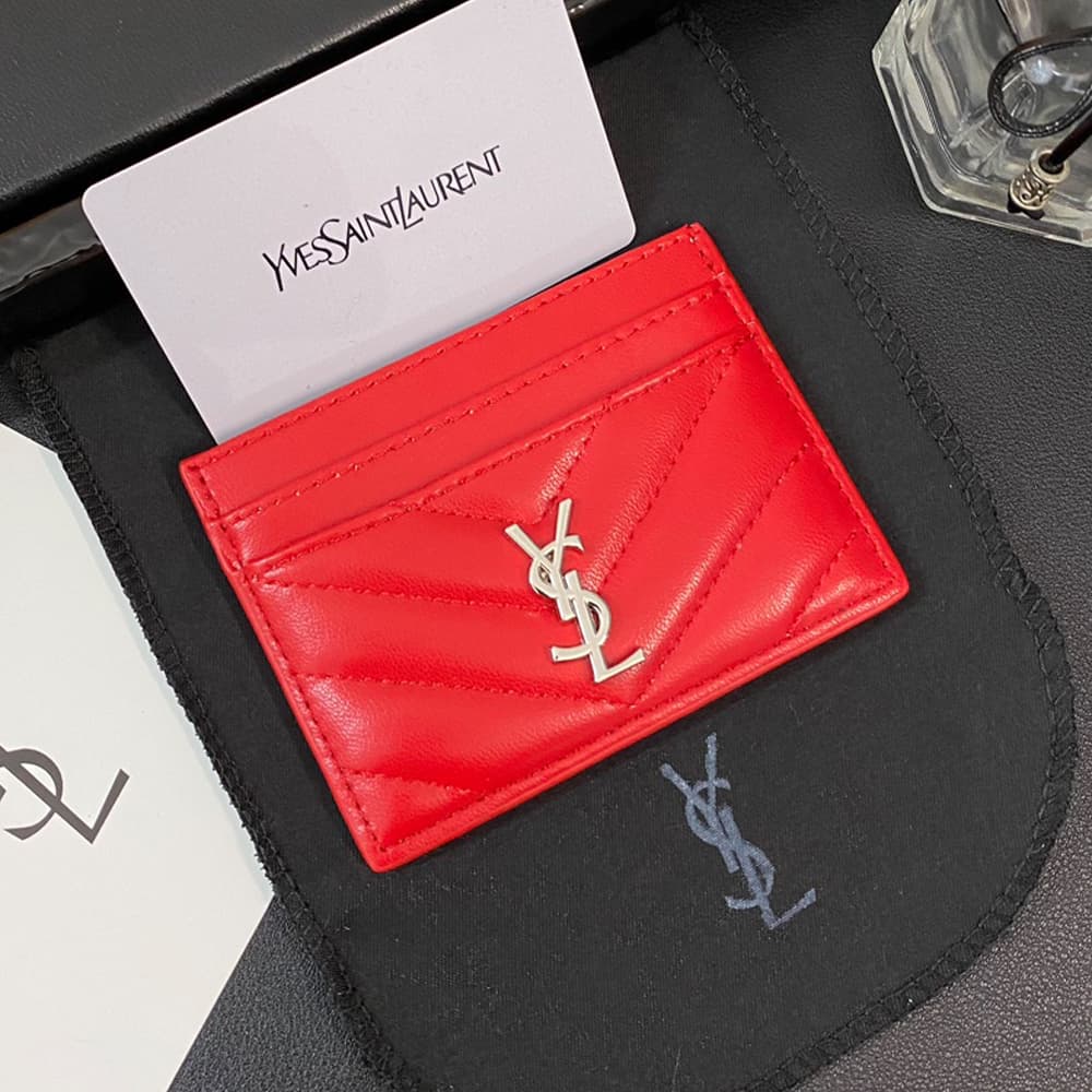 YSL Silver-toned Logo Luxury Card Holder – V-Stitch Leather (5 Card Slots)