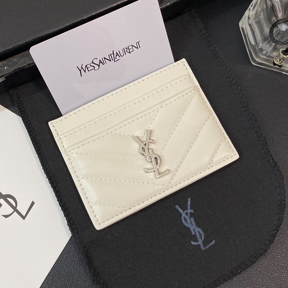 YSL Silver-toned Logo Luxury Card Holder – V-Stitch Leather (5 Card Slots)