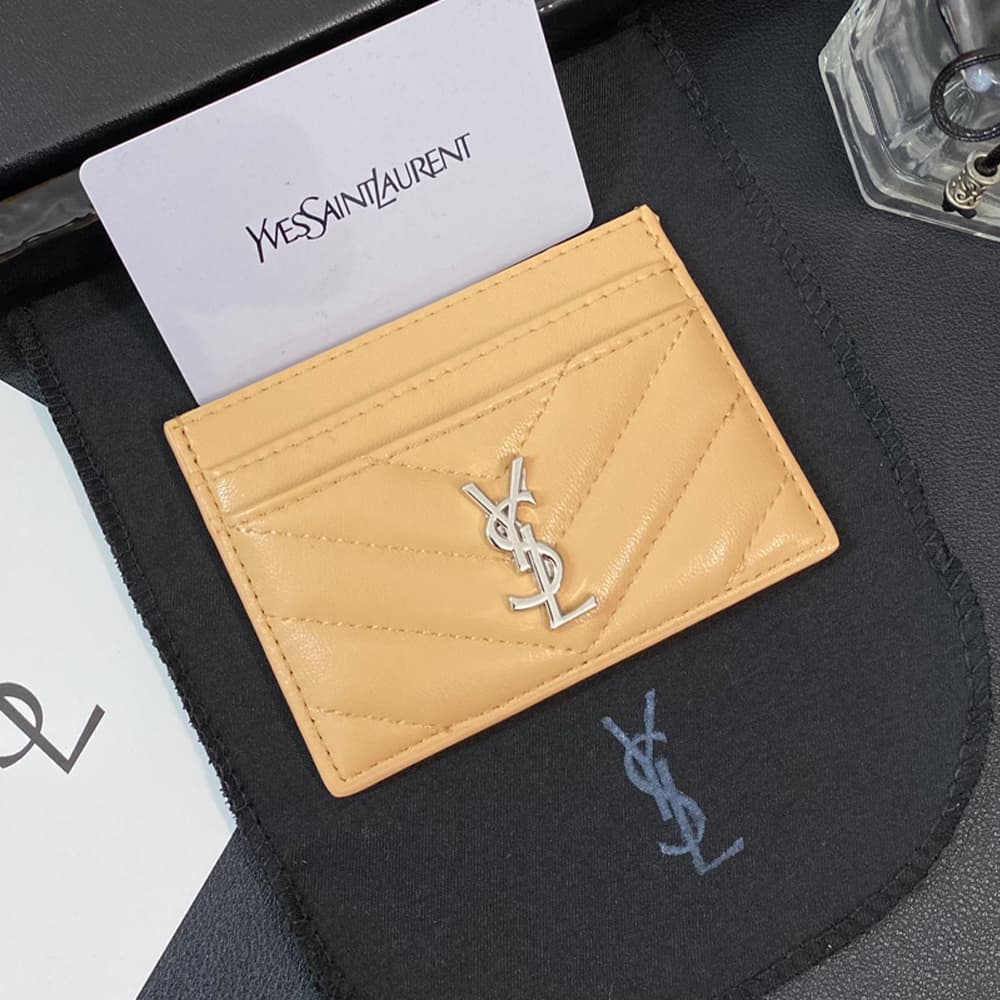 YSL Silver-toned Logo Luxury Card Holder – V-Stitch Leather (5 Card Slots)